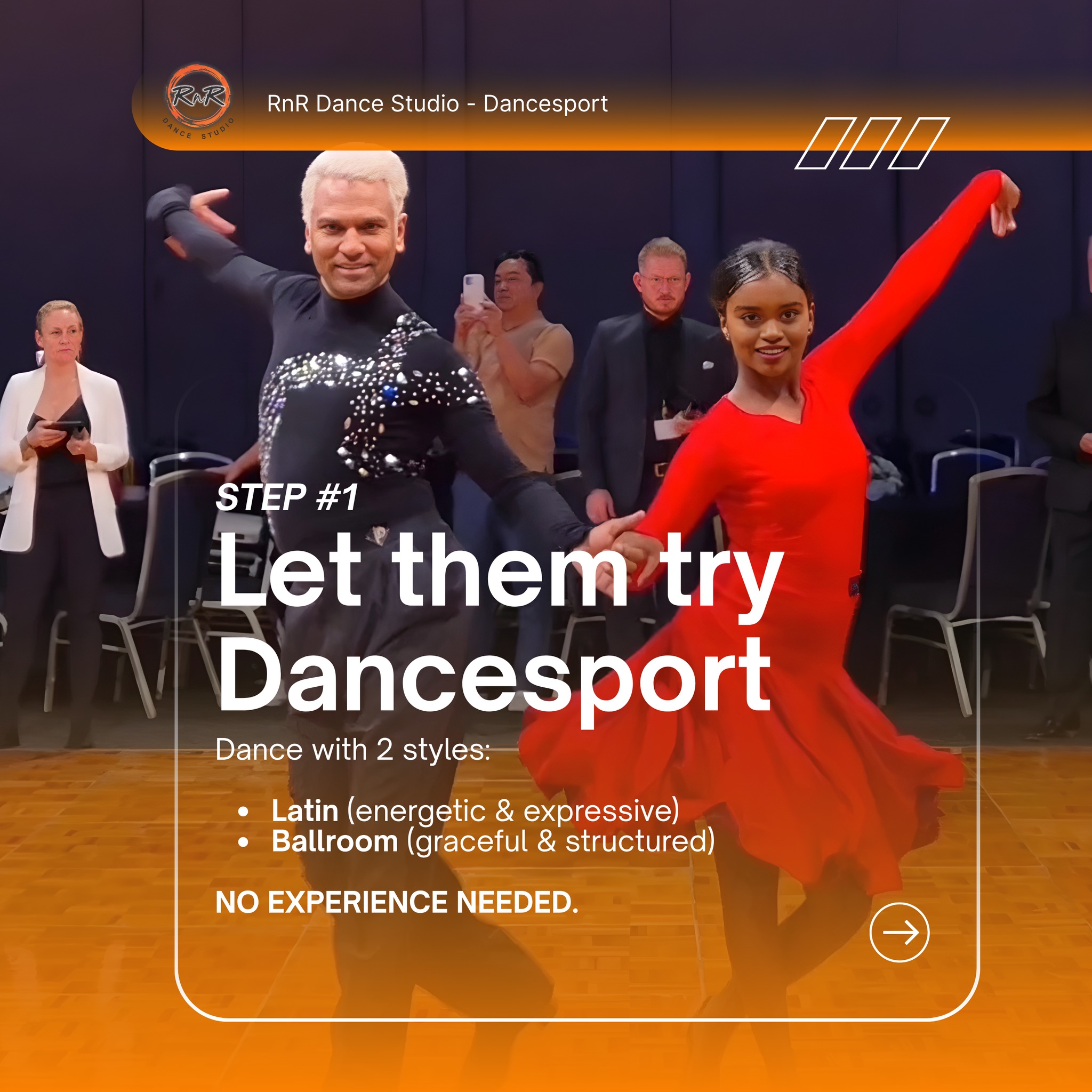 RnR Dance Studio dancesport introduction showing Latin and ballroom dance styles