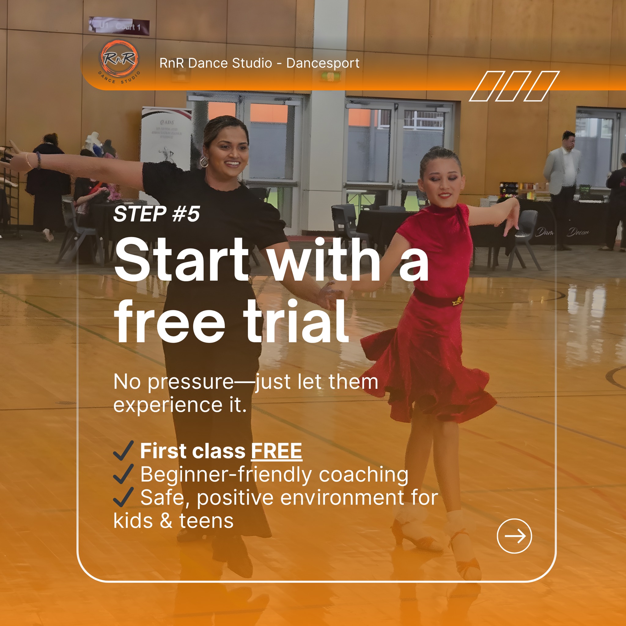 Young dancer and coach at RnR Dance Studio promoting a free trial class